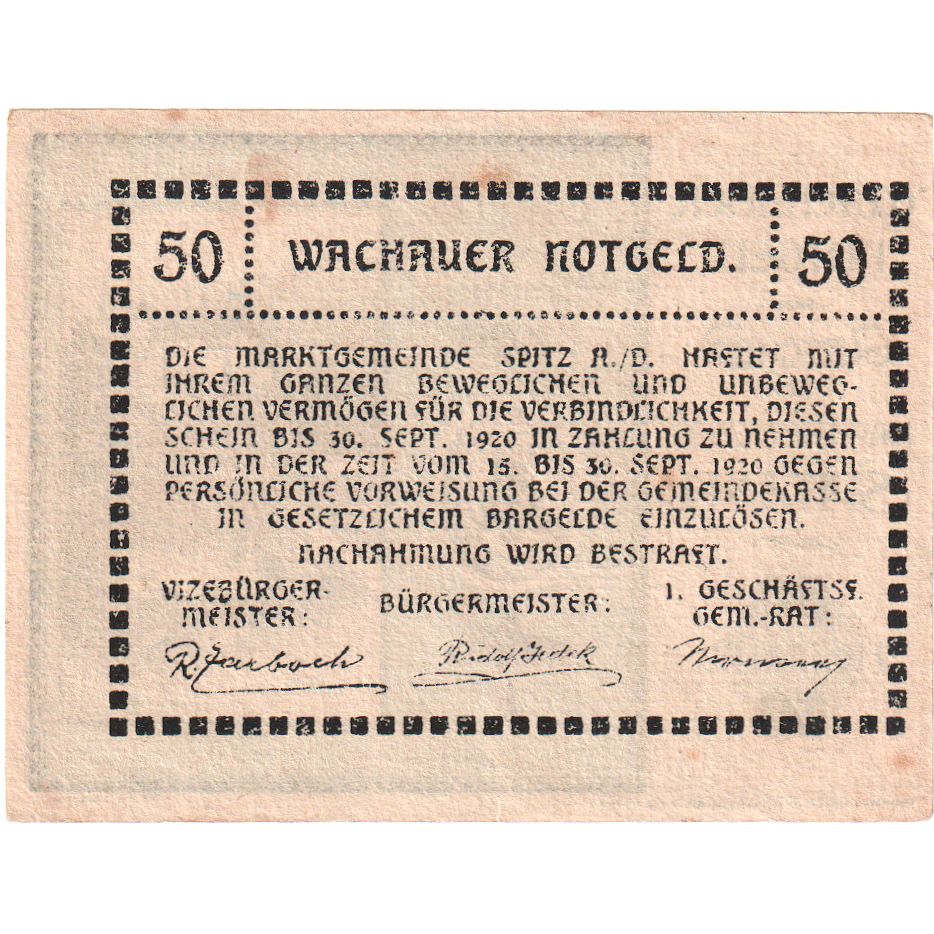 Austria, Spitz an der Donau, 50 Heller, 1920-09-30, BB
