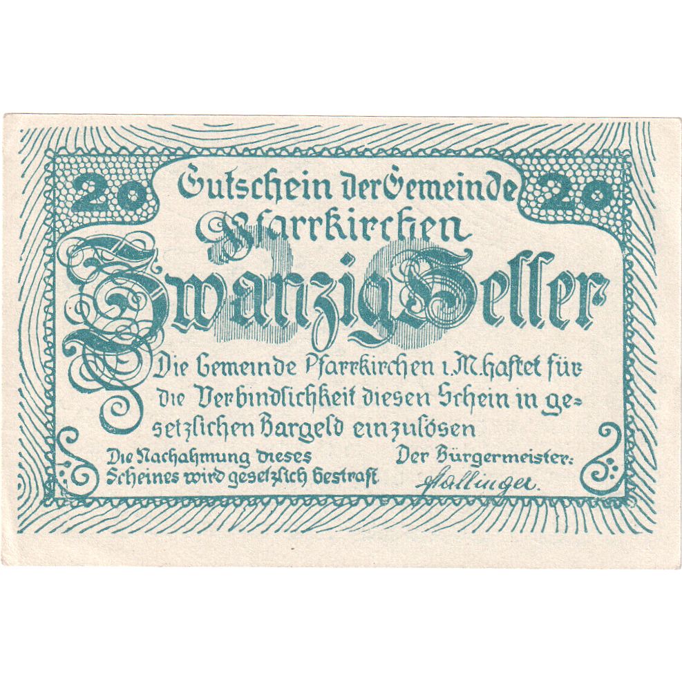 Áustria, Pfarrkirchen, 20 Heller, 1920-05-13, UNC(63)