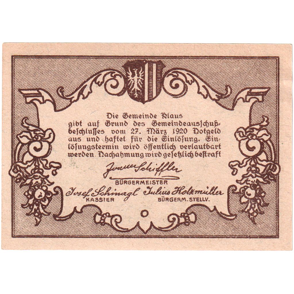 Austria, Klaus, 50 Heller, 1920-03-27, SC