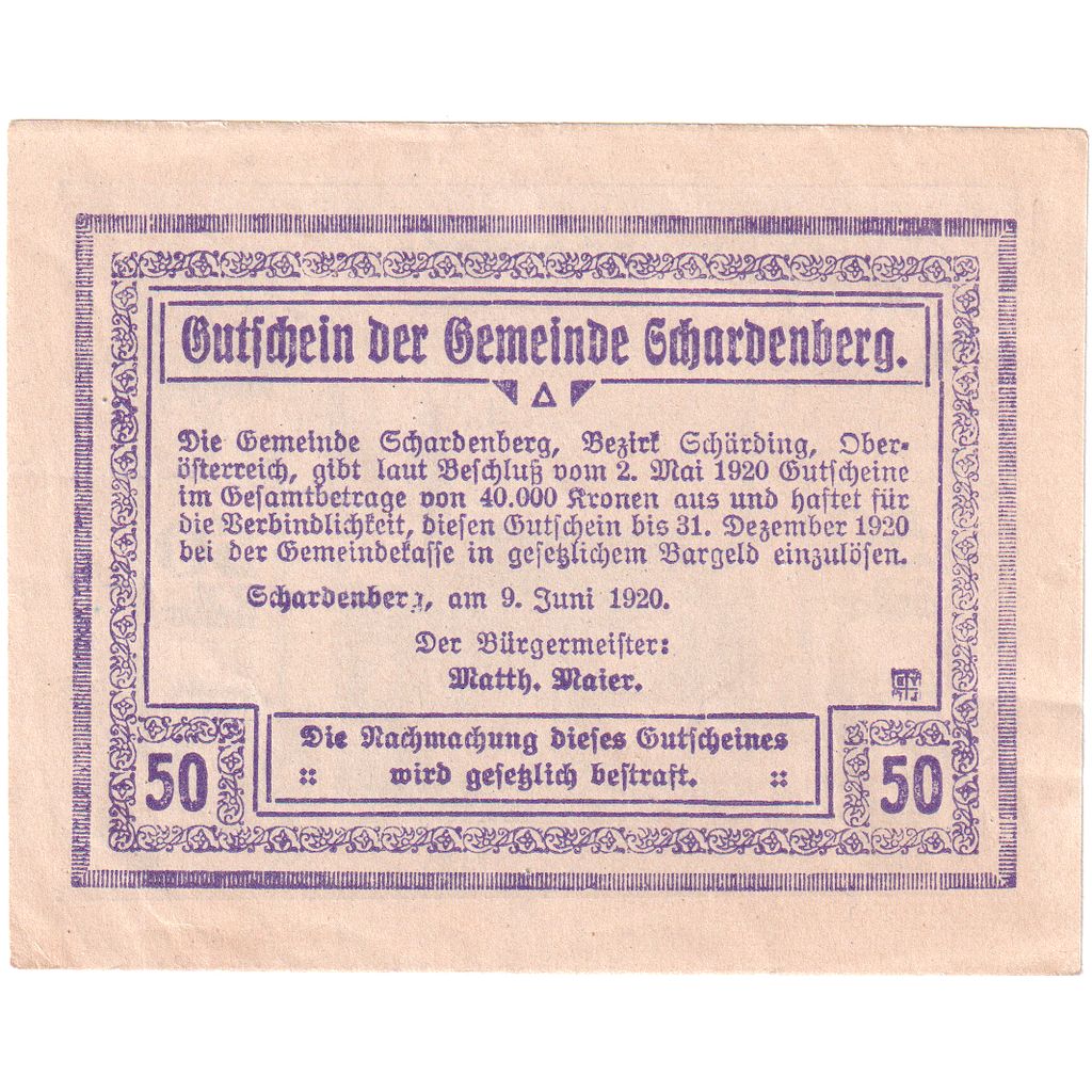 Austria, Schardenberg, 50 Heller, 1920-12-31, SC