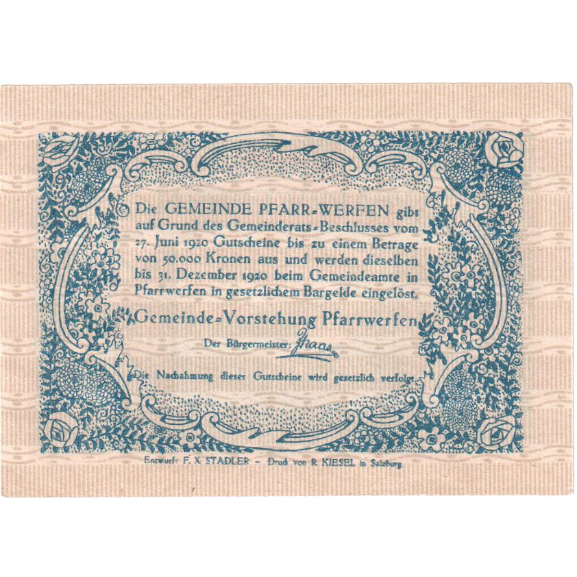 Austria, Pfarrwerfen, 50 Heller, 1920-12-31, UNC(63)