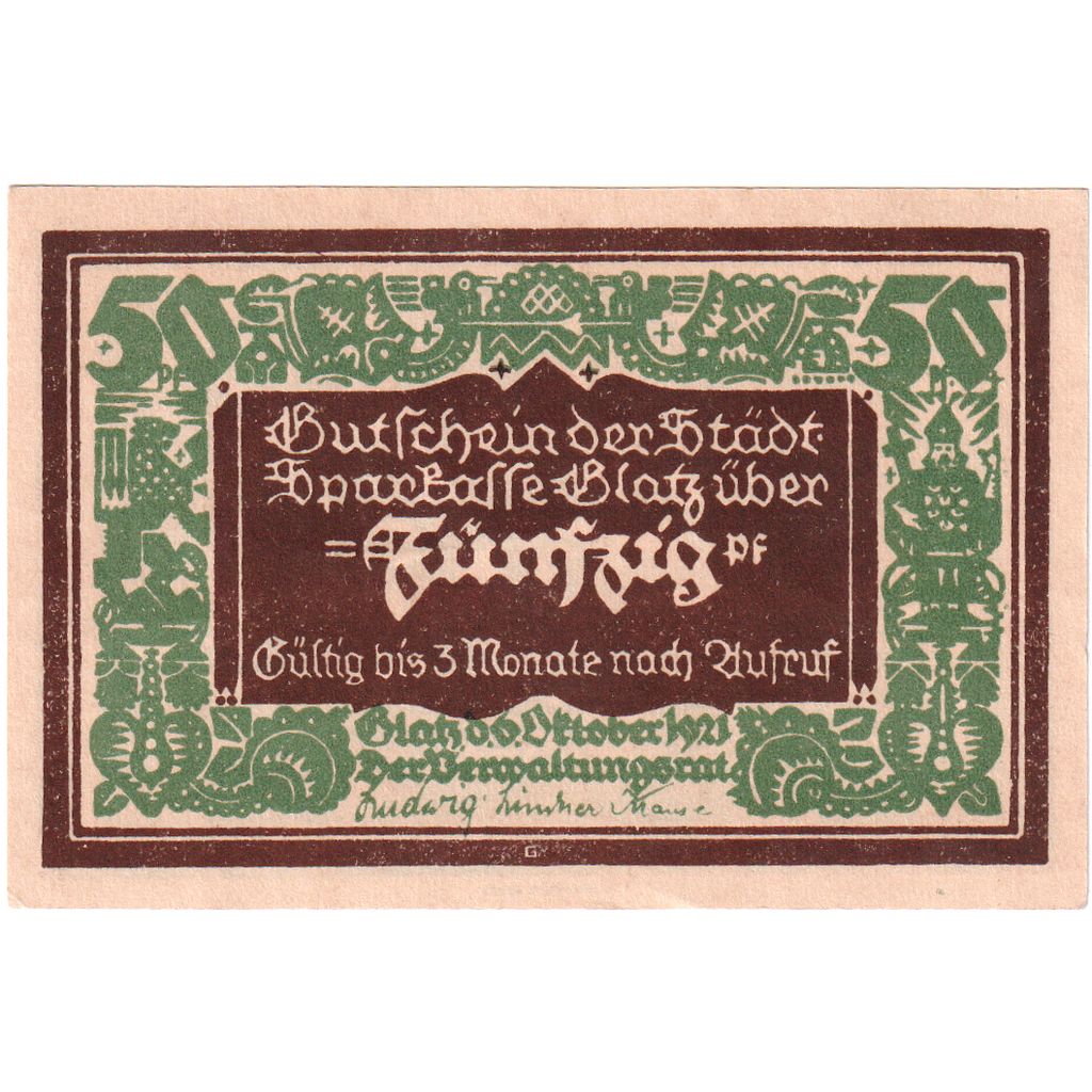 Germania, Glatz Städtische Sparkasse, 50 Pfennig, SPL