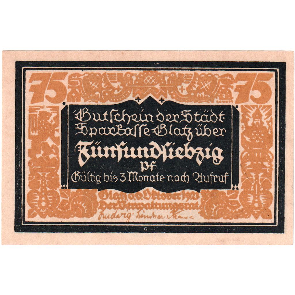 Germania, Glatz Städtische Sparkasse, 75 Pfennig, 1921-12-31, SPL