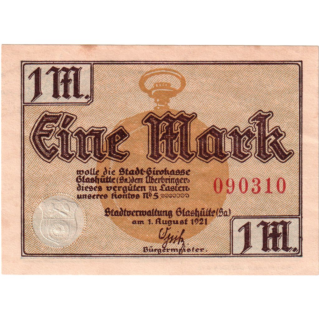 Germania, Glashutte, 1 Mark, 1921-08-01, BB+