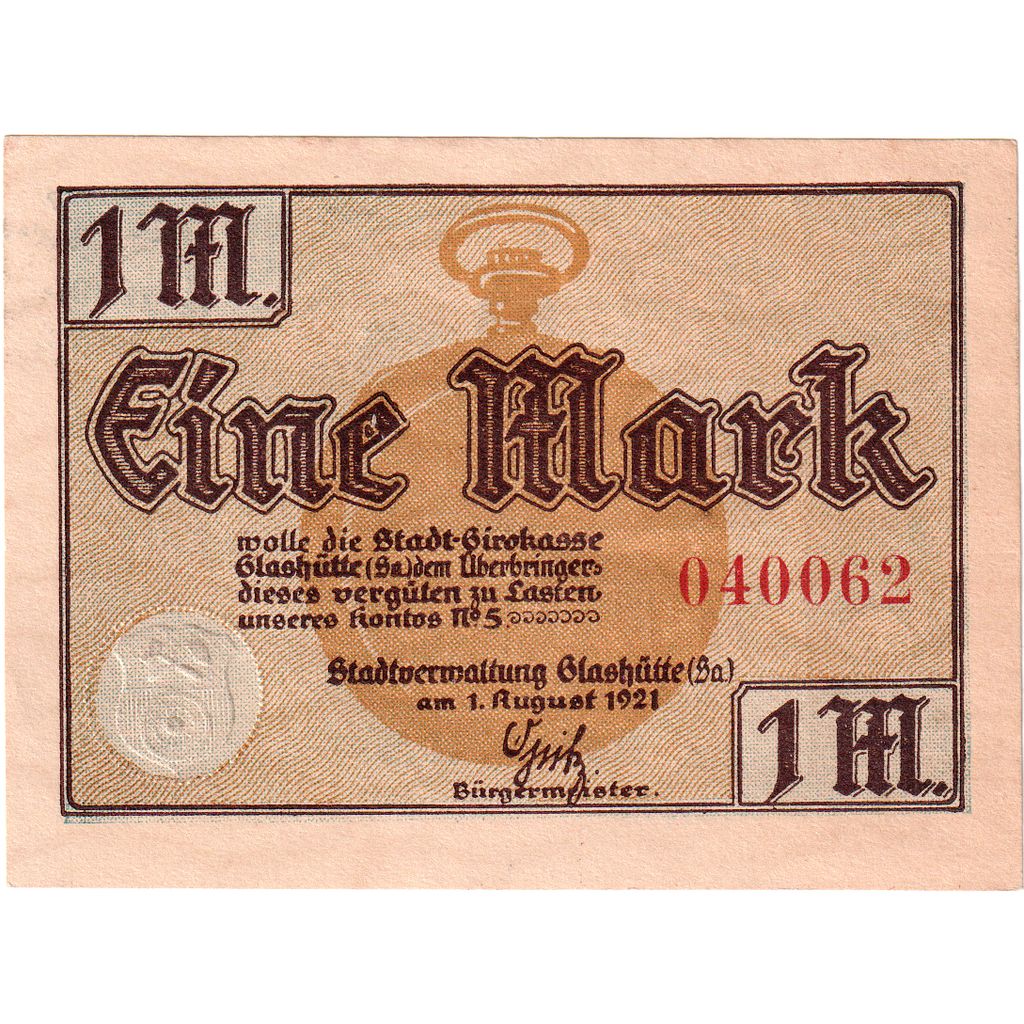 Germania, Glashutte, 1 Mark, 1921-08-01, SPL