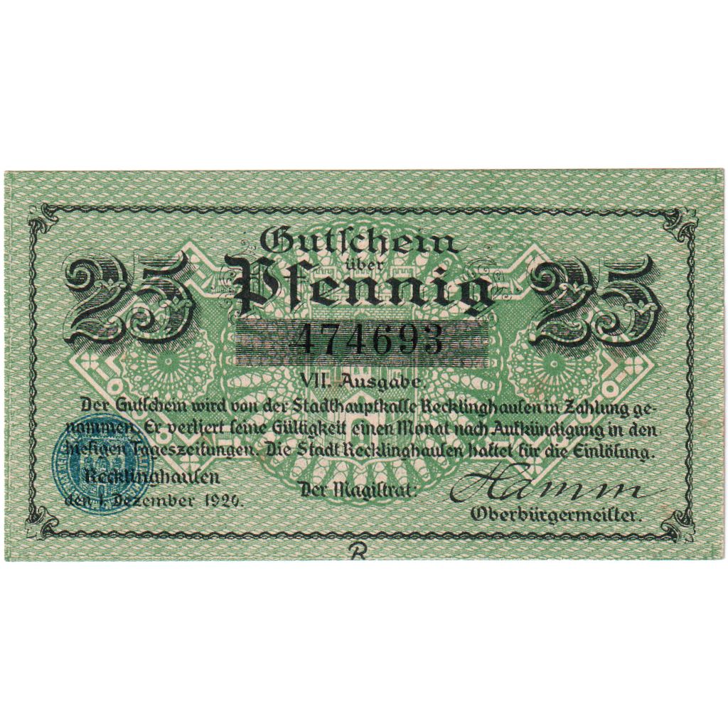 Germania, Recklinghausen, 25 Pfennig, 1920-12-01, SPL
