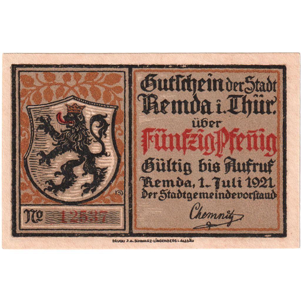 Duitsland, Remda, 50 Pfennig, 1921-07-01, SPL
