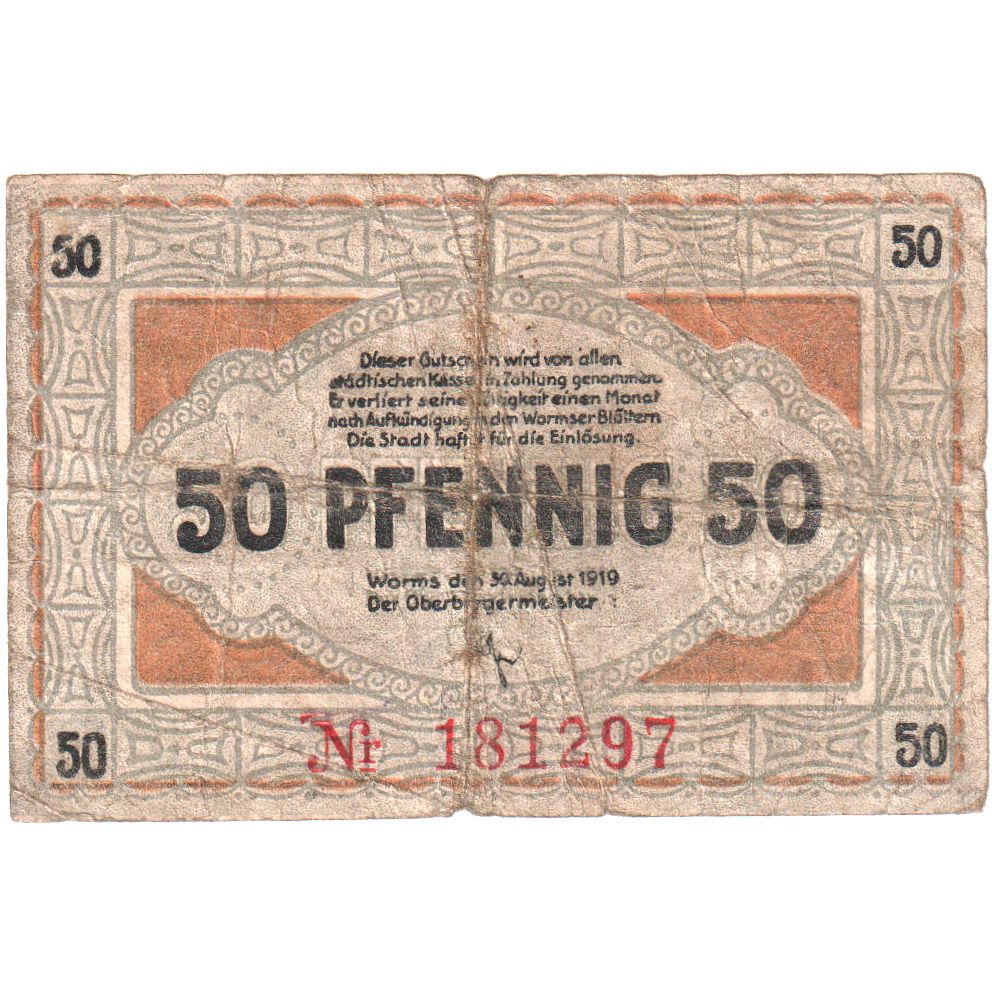 Germany, Worms, 50 Pfennig, 1919-08-30, VF(20-25)