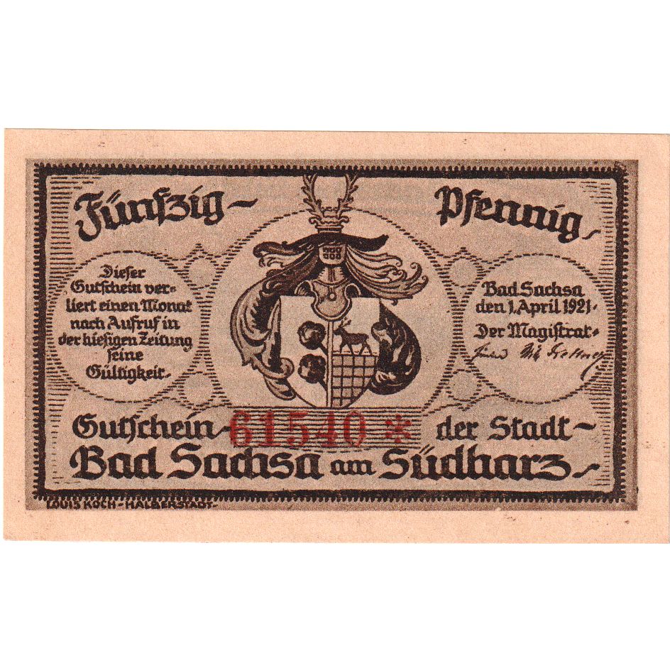 Germania, Bad Sachsa am Sudharz, 50 Pfennig, 1921-04-01, SPL