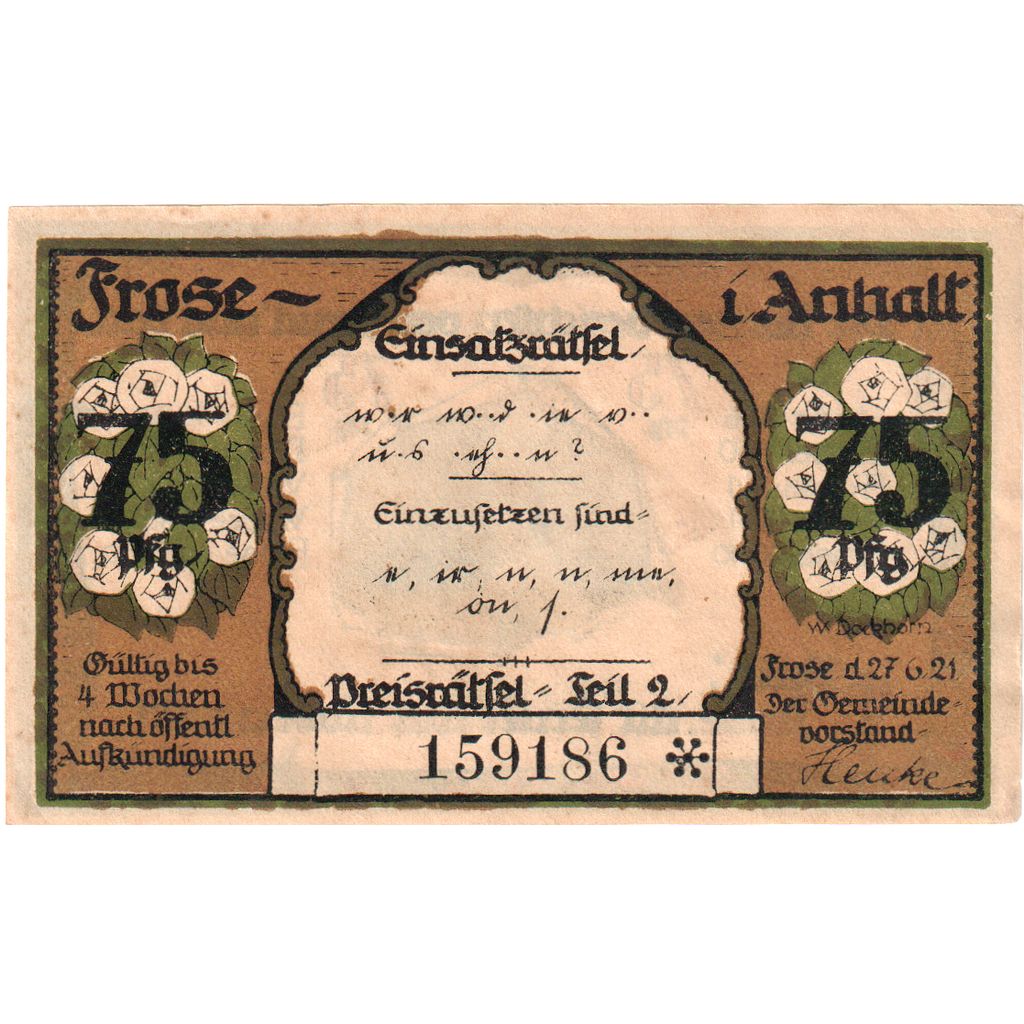 Deutschland, Frose in Anhalt, 75 Pfennig, 1921-06-27, UNZ-