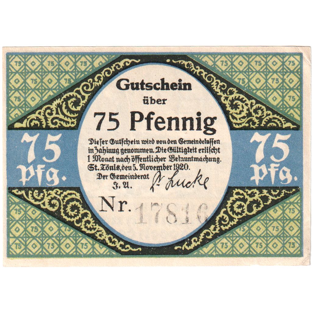 Deutschland, Sankt Tönis, 75 Pfennig, 1920-11-05, UNZ-