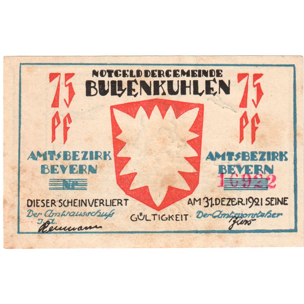 Alemania, Bullenkuhlen, 75 Pfennig, 1921-12-31, MBC