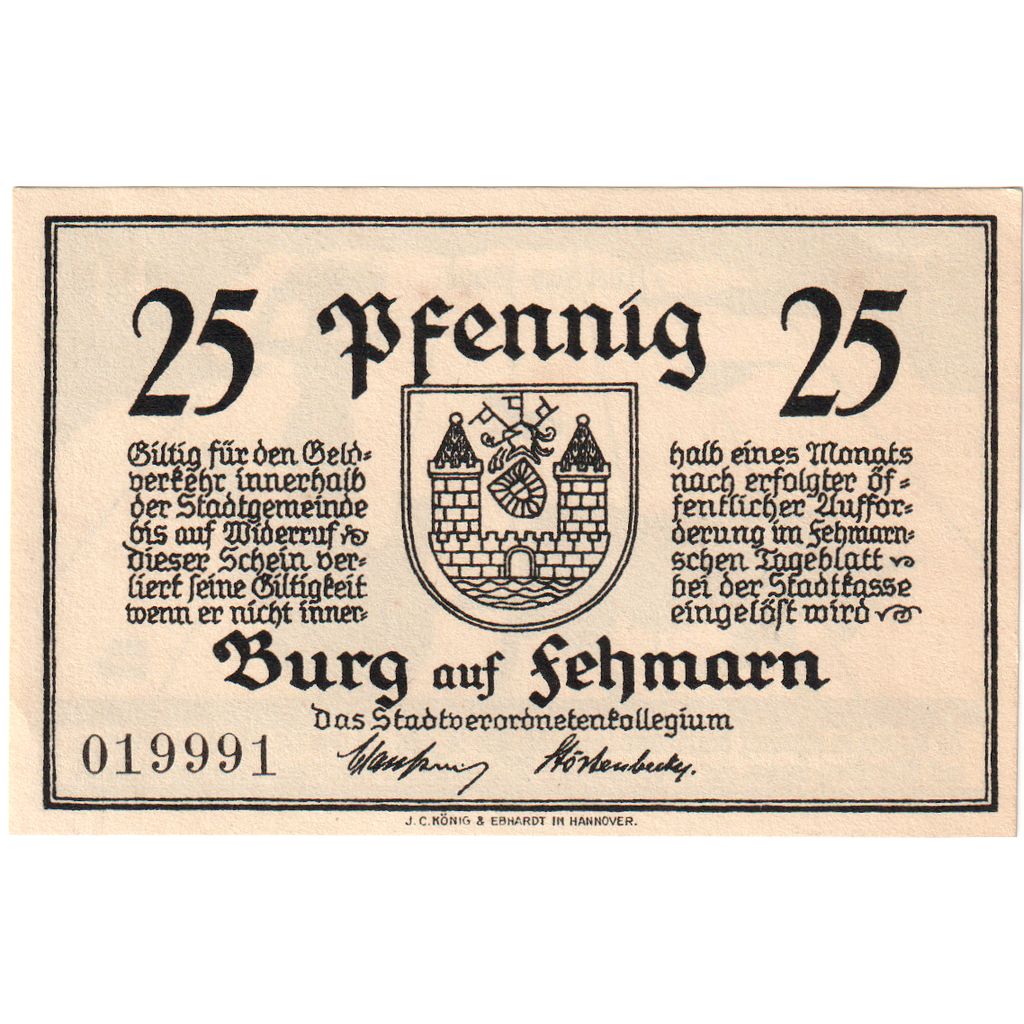 Alemania, Burg auf Fehmarn, 25 Pfennig, SC