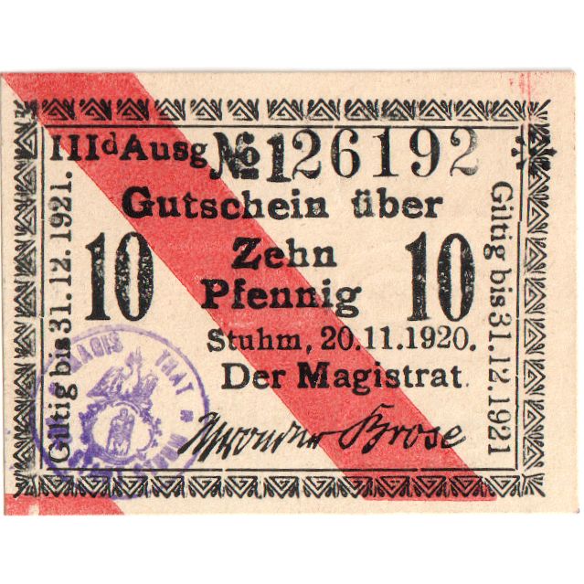 Alemania, Stuhm, 10 Pfennig, 1920-11-20, SC