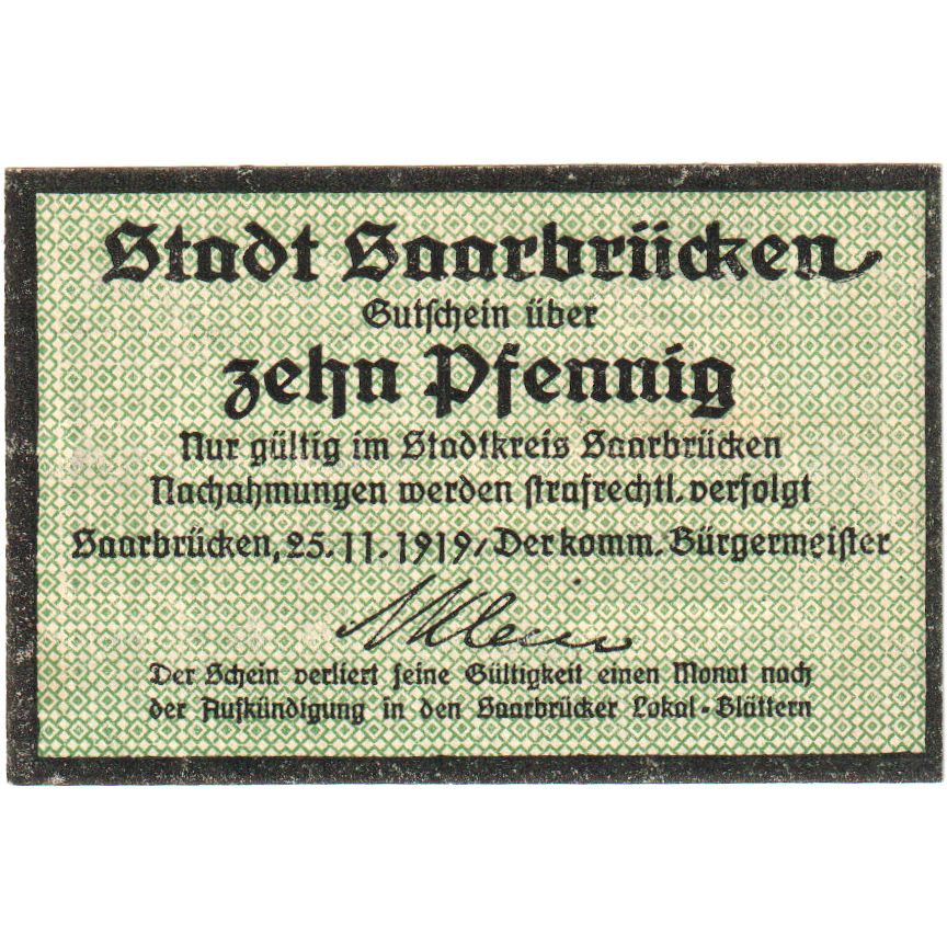 Duitsland, Saarbrücken, 10 Pfennig, 1919-11-25, SPL