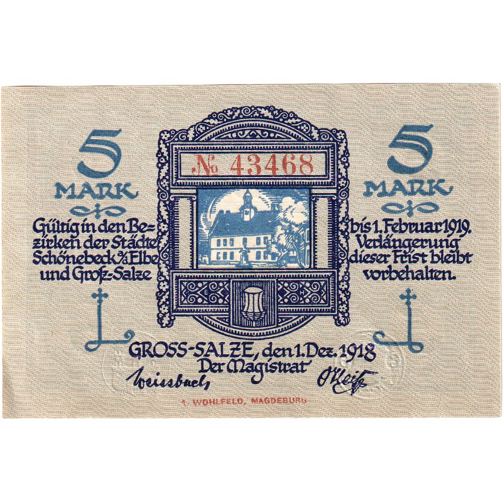 Germany, Schönebeck und Gross-Salze, 5 Mark, 1918-12-01, UNC(63)