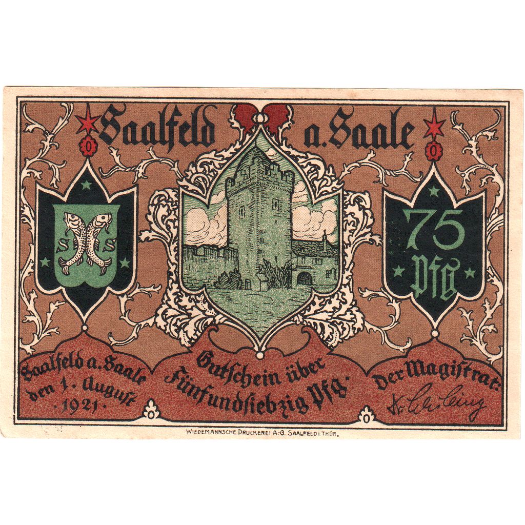 Niemcy, Saalfeld, 75 Pfennig, 1921-08-01, UNC(63)