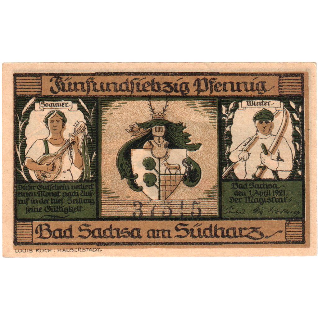 Deutschland, Bad Sachsa am Sudharz, 75 Pfennig, 1921-04-01, UNZ-