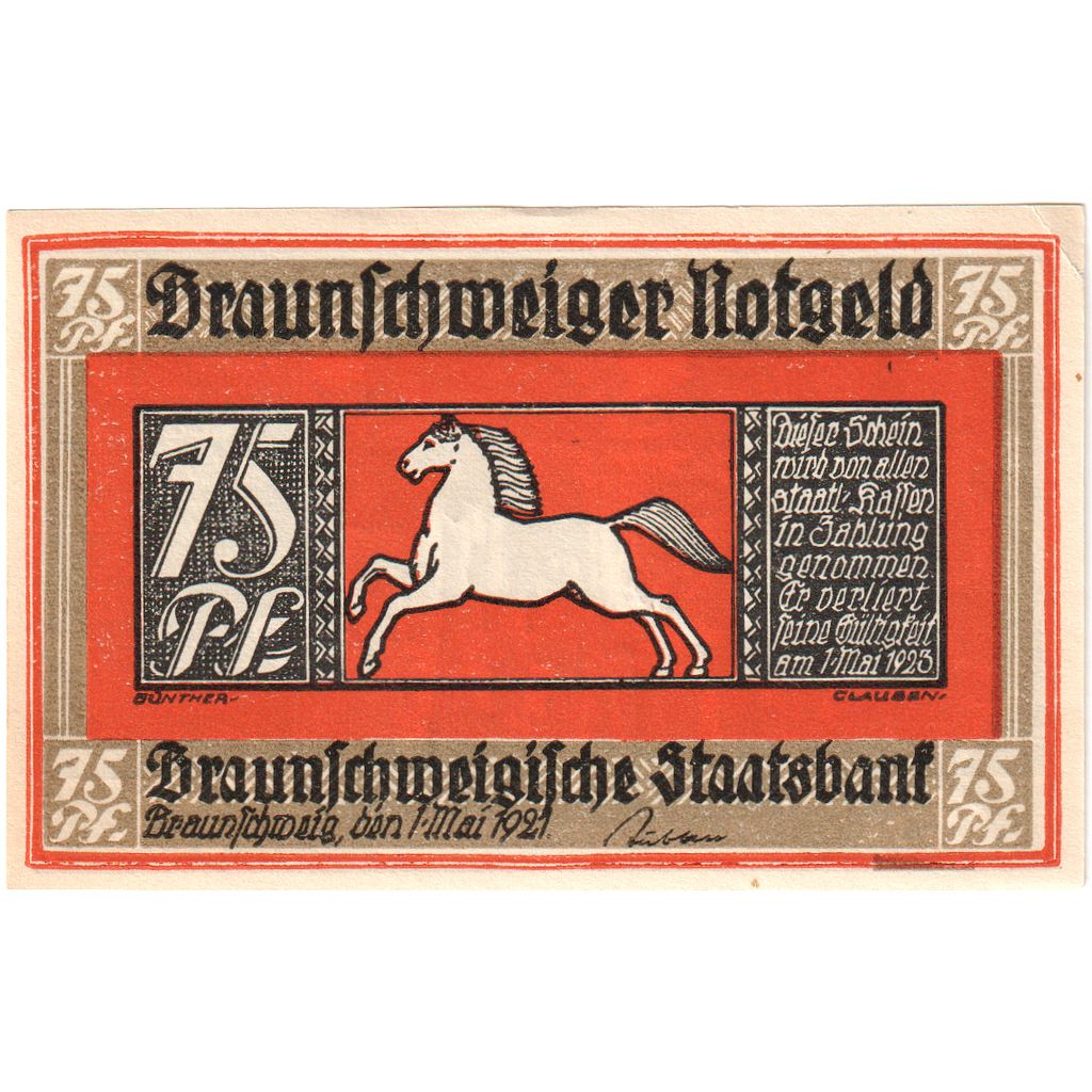 Niemcy, Braunschweiger, 75 Pfennig, 1921-05-01, UNC(63)