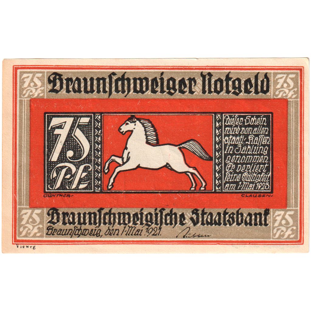 Niemcy, Braunschweiger, 75 Pfennig, 1921-05-01, UNC(63)