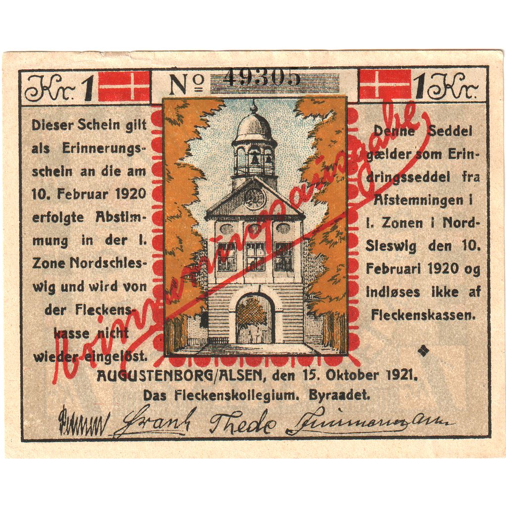 Niemcy, Augustenborg, 1 Mark, 1921-10-15, EF(40-45)