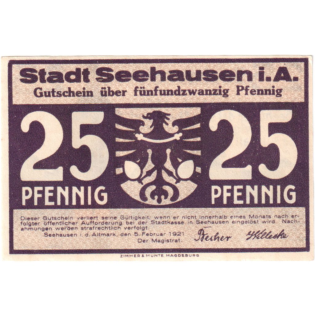 Niemcy, Seehausen i Altmark, 25 Pfennig, 1921-02-05, UNC(63)