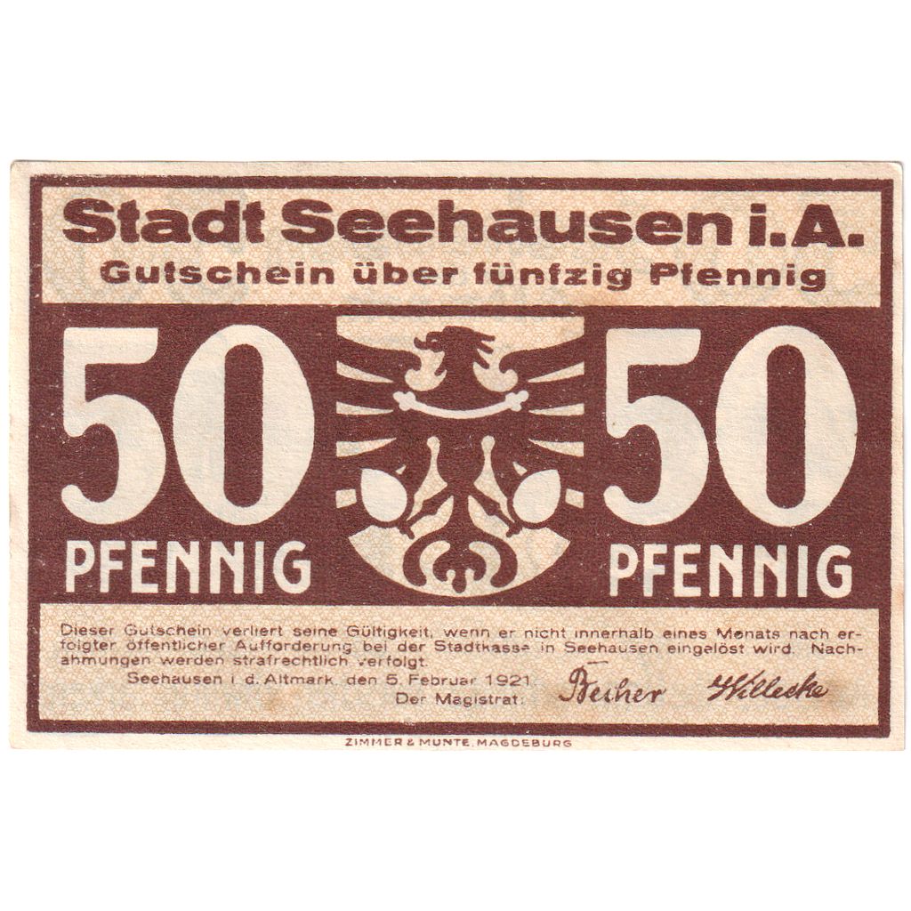 Niemcy, Seehausen i Altmark, 50 Pfennig, 1921-02-05, UNC(63)