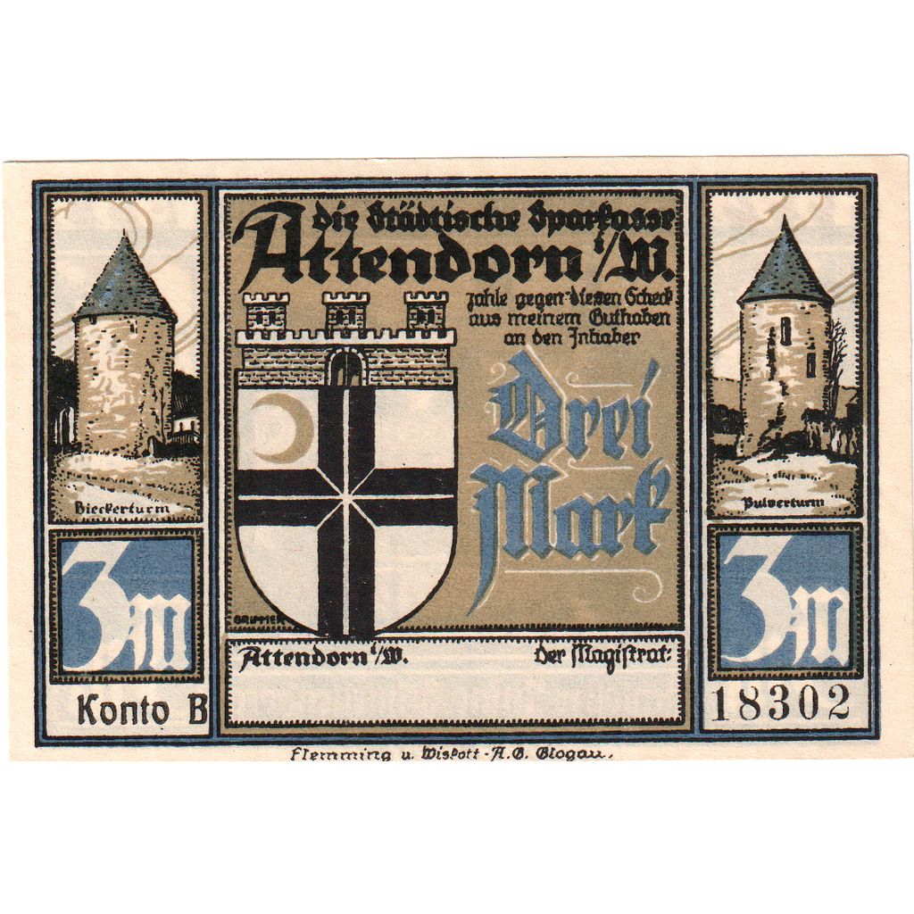 Niemcy, Attendorn, 3 Mark, UNC(63)
