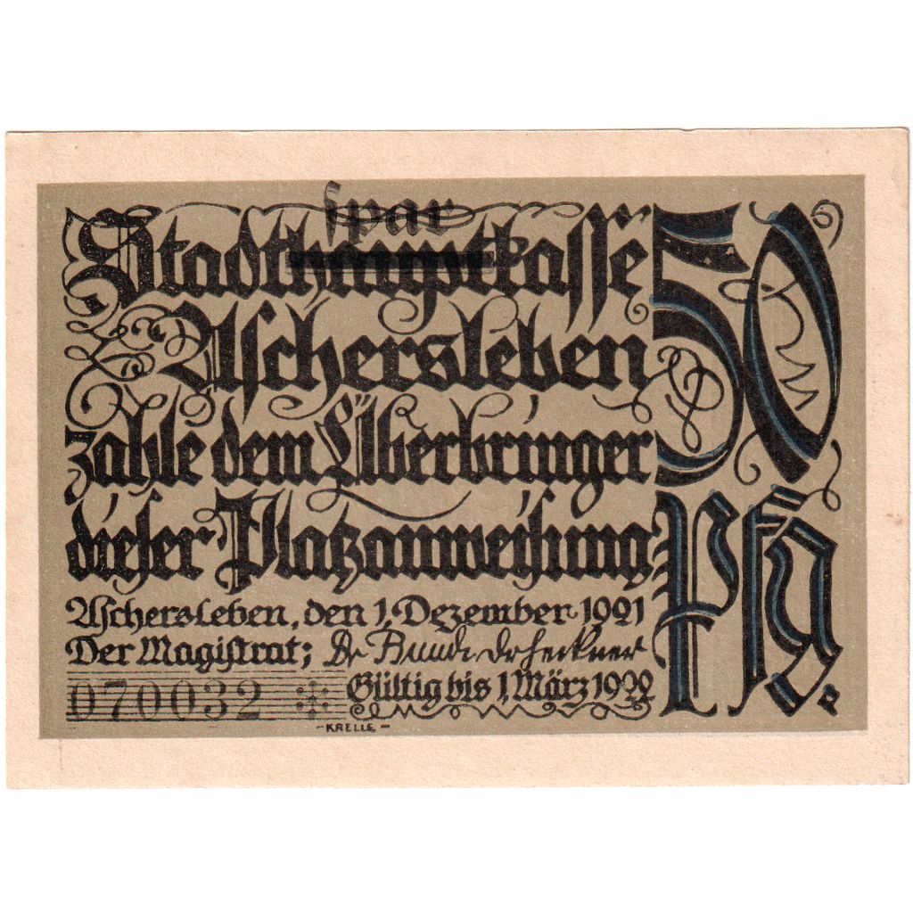 Duitsland, Aschersleben, 50 Pfennig, 1921-12-01, SPL