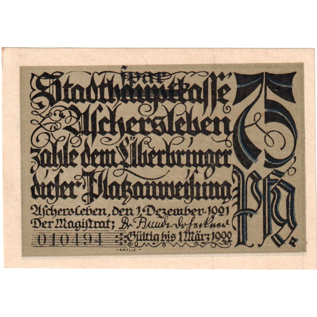 Duitsland, Aschersleben, 75 Pfennig, 1921-12-01, SPL
