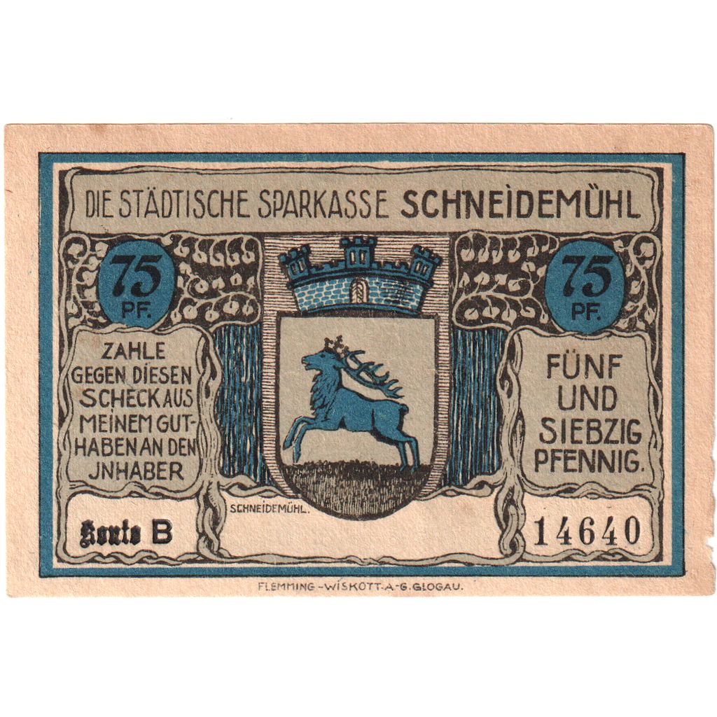 Allemagne, Schneidemuhl, 75 Pfennig, TTB