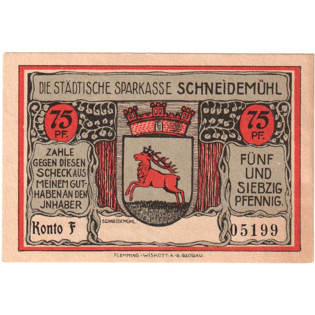 Niemcy, Schneidemuhl, 75 Pfennig, UNC(63)
