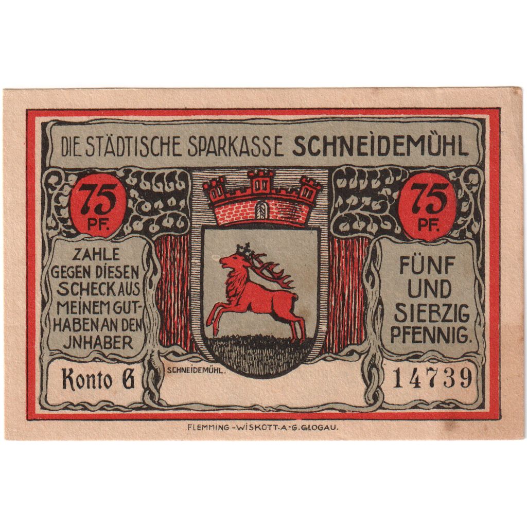 Niemcy, Schneidemuhl, 75 Pfennig, AU(50-53)