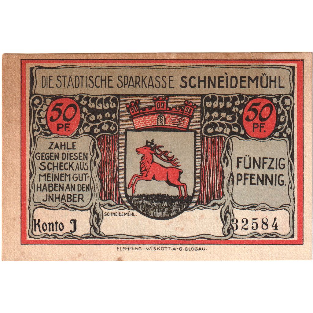 Allemagne, Schneidemuhl, 50 Pfennig, TTB