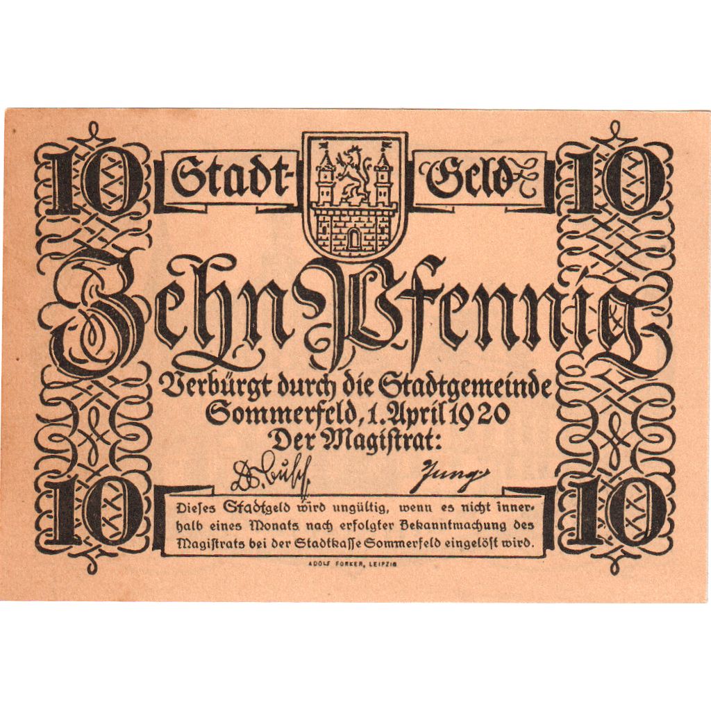 Niemcy, Sommerfeld, 10 Pfennig, 1920-04-01, AU(50-53)