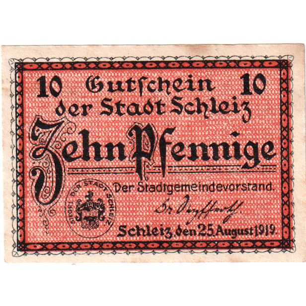 Niemcy, Schleiz, 10 Pfennig, 1919-08-25, AU(50-53)