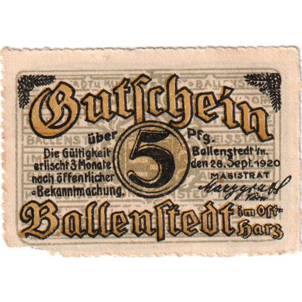 Niemcy, Ballenstedt, 5 Pfennig, 1920-09-28, EF(40-45)