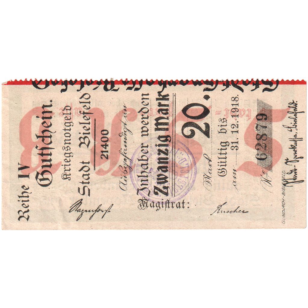 Niemcy, Bielefeld, 20 Mark, 1918-11-01, UNC(63)