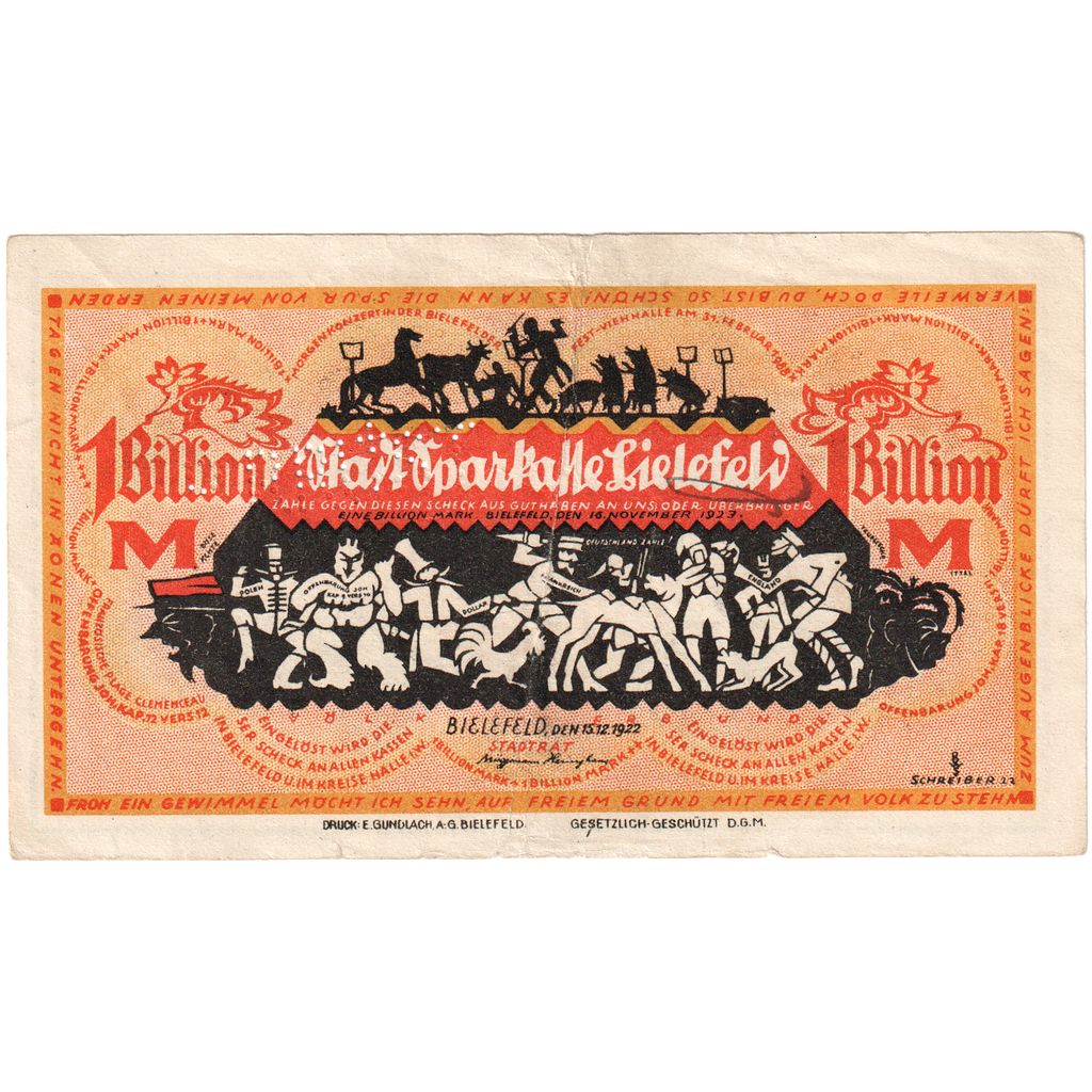 Germany, Bielefeld, 1 Billion Mark, 1922-12-15, VF(20-25)