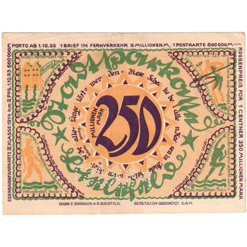 Niemcy, Bielefeld, 250 Millionen Mark, 1922-04-02, EF(40-45)