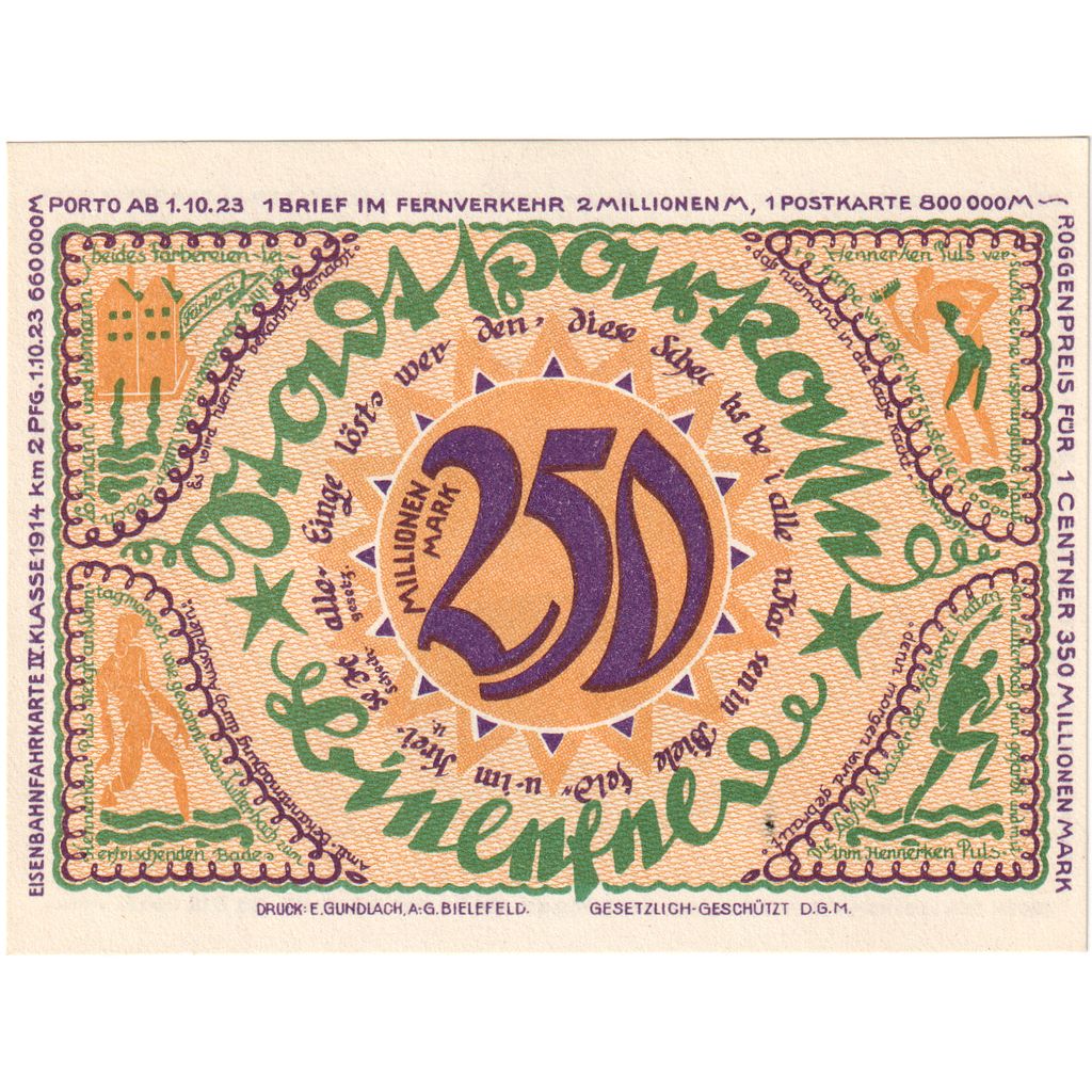 Niemcy, Bielefeld, 250 Millionen Mark, 1922-04-02, UNC(63)