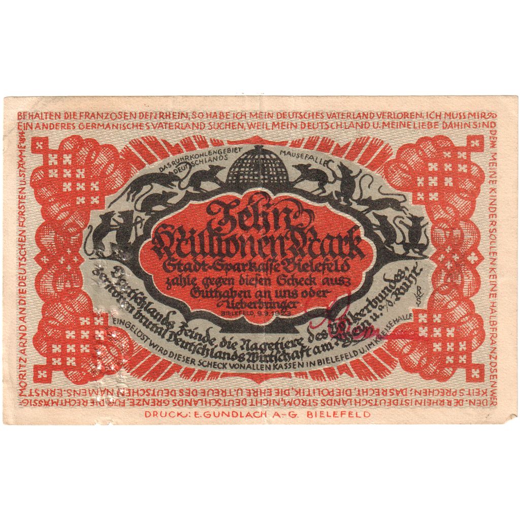 Niemcy, Bielefeld, 10 Millionen Mark, 1923-09-09, EF(40-45)