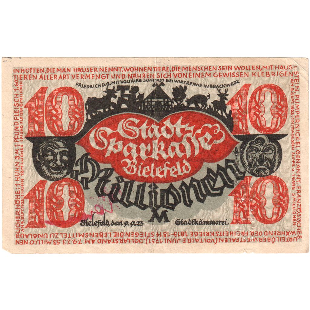 Niemcy, Bielefeld, 10 Millionen Mark, 1923-09-09, EF(40-45)