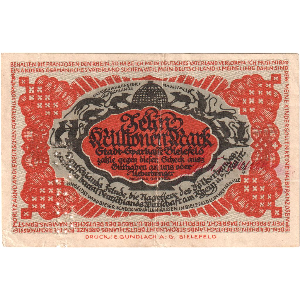 Niemcy, Bielefeld, 10 Millionen Mark, 1923-09-09, EF(40-45)