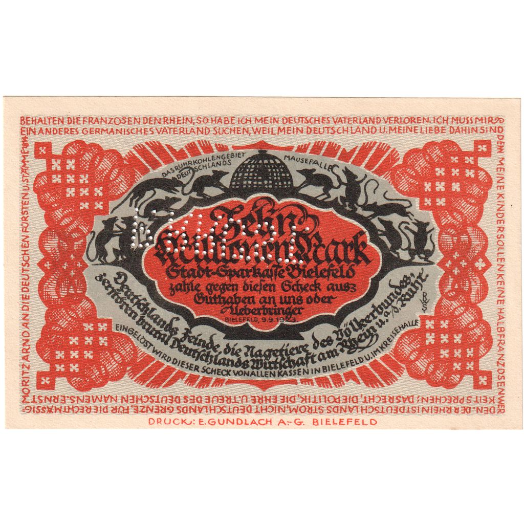 Niemcy, Bielefeld, 10 Millionen Mark, 1923-09-09, UNC(60-62)