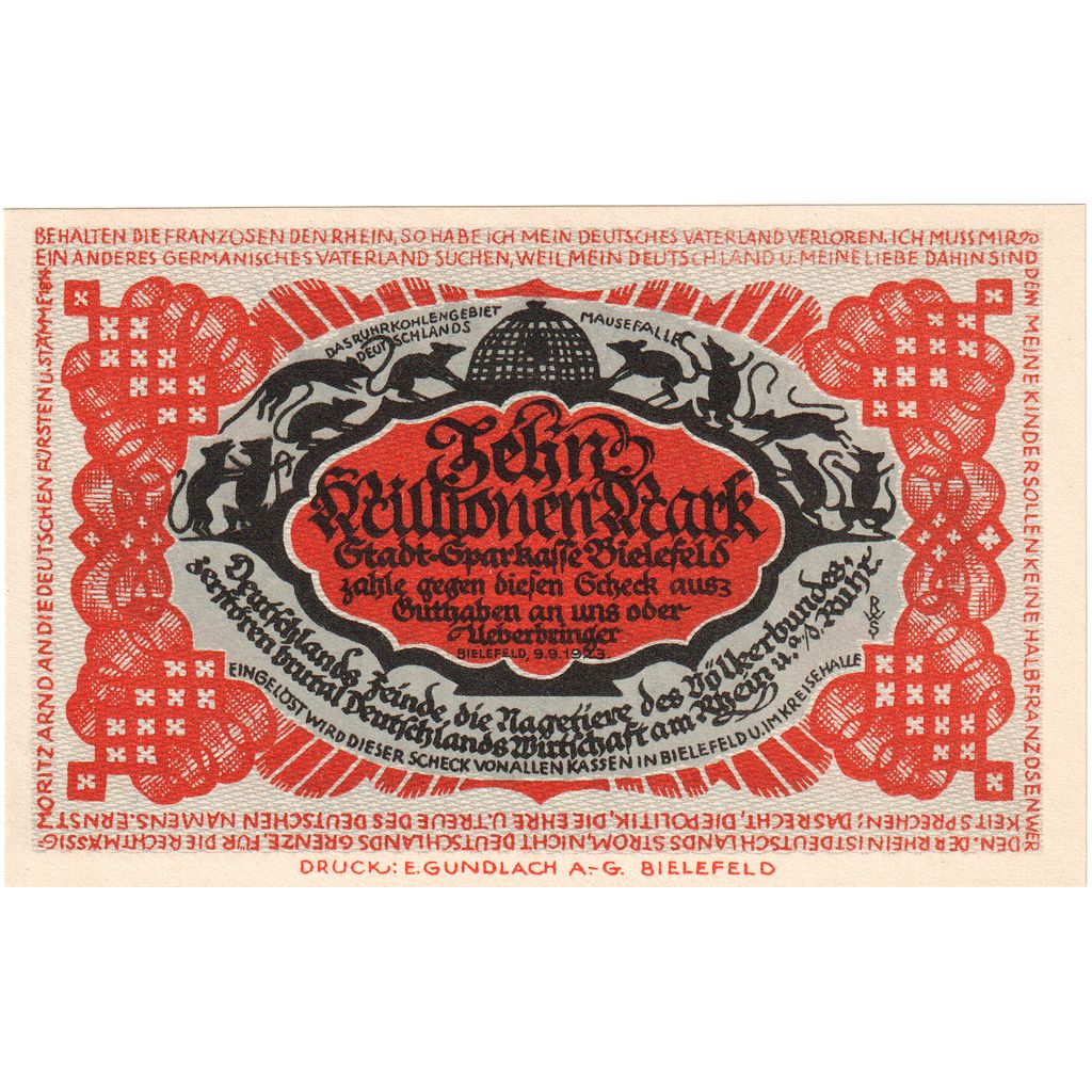 Niemcy, Bielefeld, 10 Millionen Mark, 1923-09-09, UNC(63)