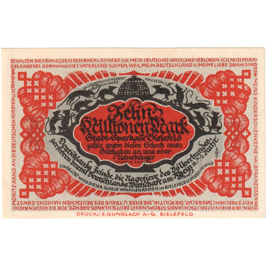 Niemcy, Bielefeld, 10 Millionen Mark, 1923-09-09, UNC(63)