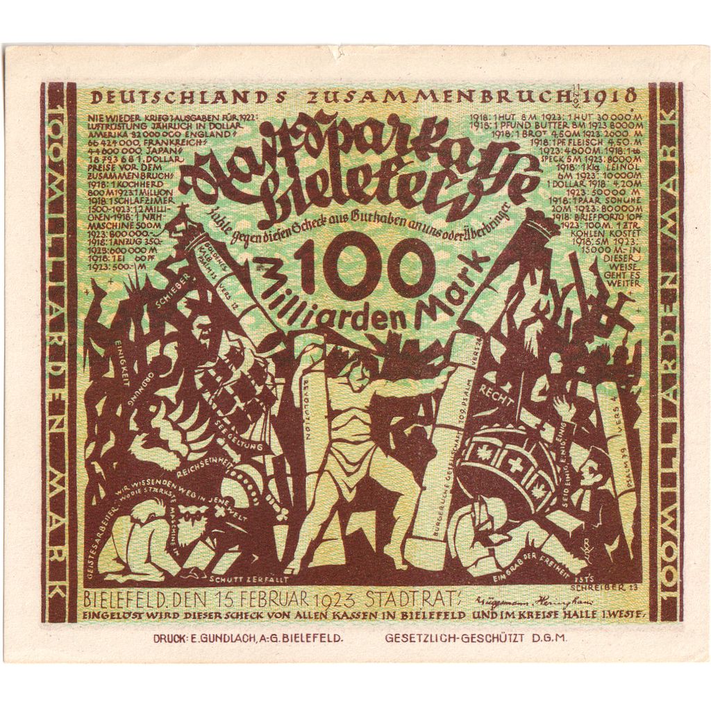 Germany, Bielefeld, 100 Milliarden Mark, 1923-02-15, AU(55-58)