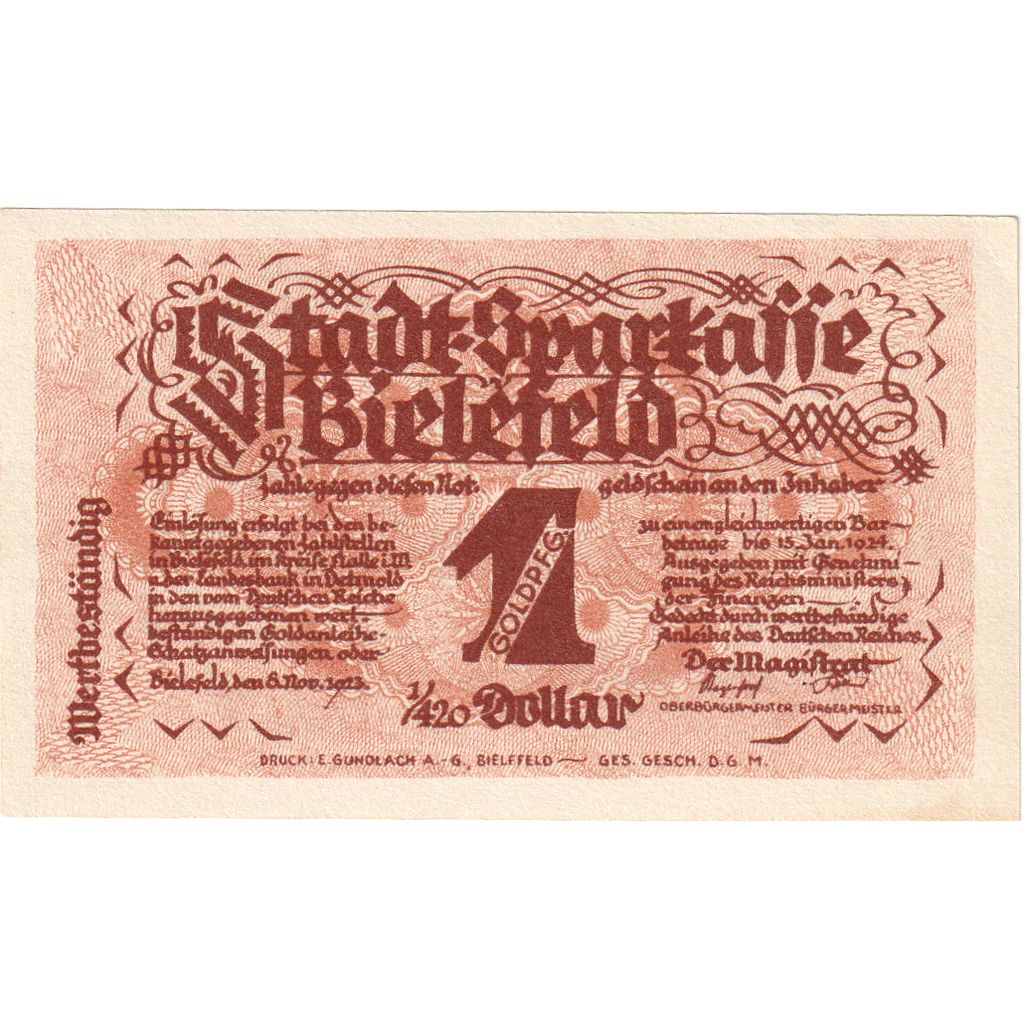Alemania, Bielefeld, 1 Goldpfennig, 1923-11-08, SC