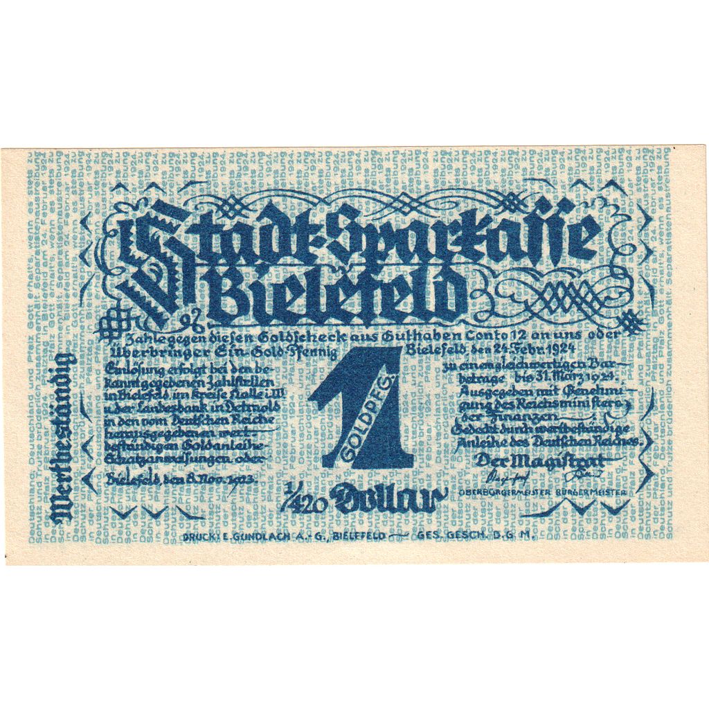 Alemanha, Bielefeld, 1 Goldpfennig, 1923-11-08, UNC(63)